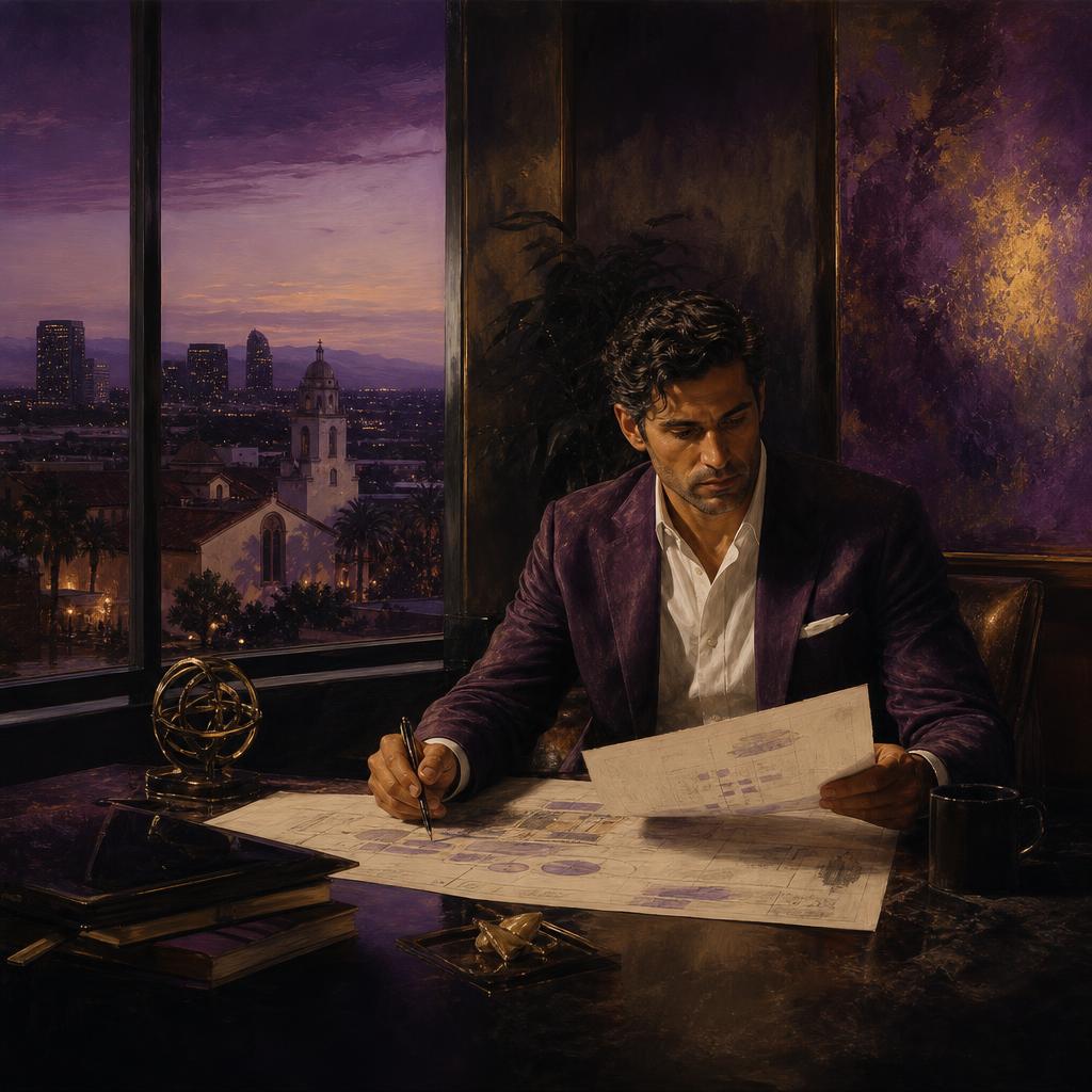Baroque-style painting of a Santa Clara entrepreneur reviewing business plans in a refined office